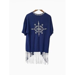 Open Kimono Sleeve Navy Fringe Top Embroidered Aztec M Festival Boho Beachy